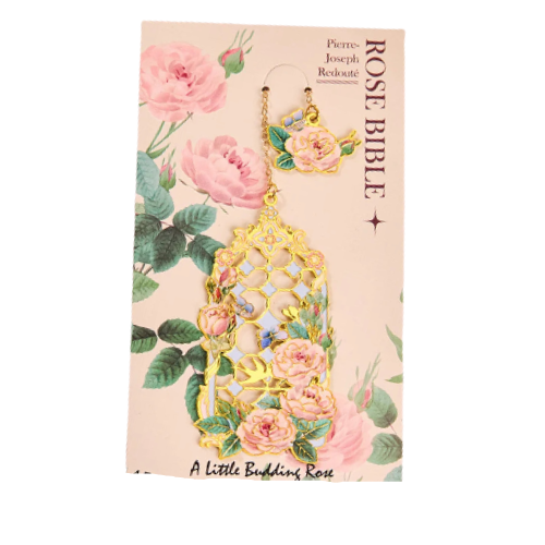 Marque-page, rose florale, métal doré creux, pendentif.